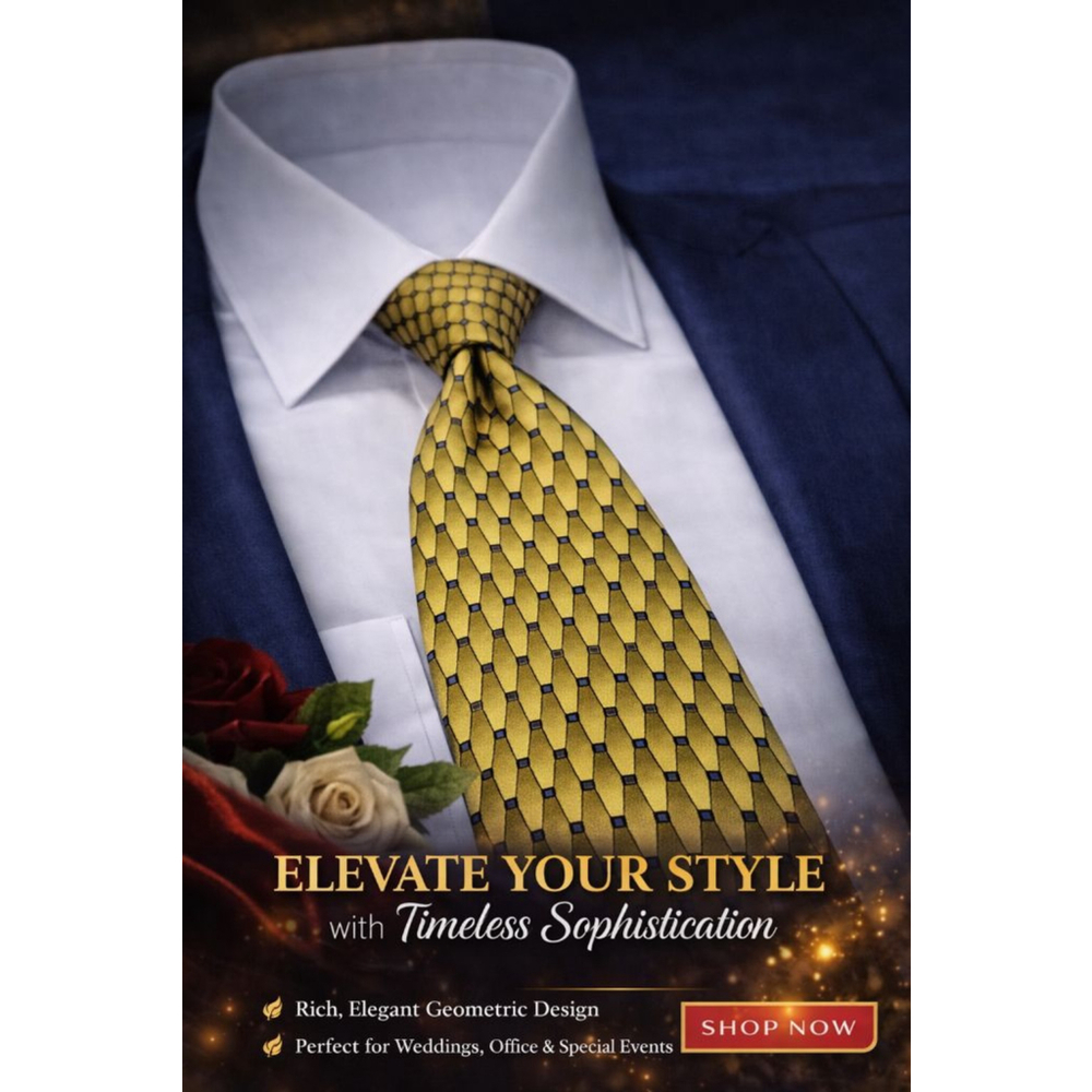 Ziggurat Silk Tie Gold Geometric Designer Mens Necktie